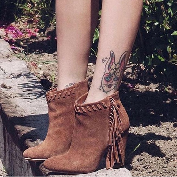 Black Distressed Suede Stitched Fringe Ankle Boots - Picture 2 of 3